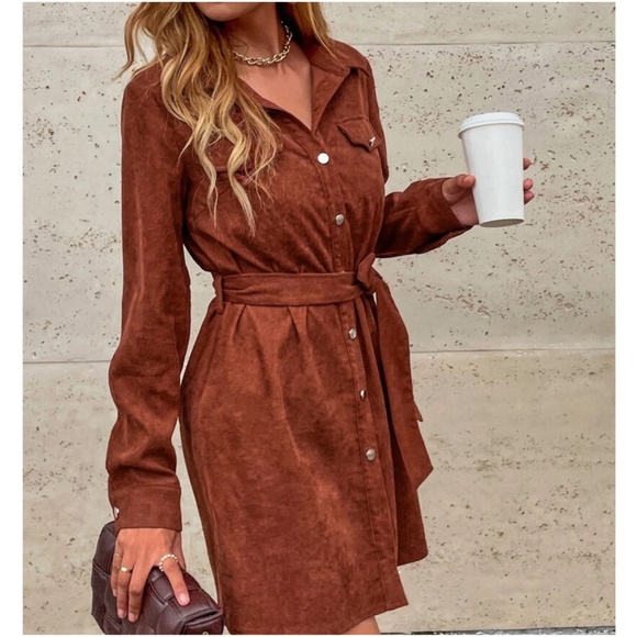 Corduroy Button Down Belted Long Sleeve Shirt Dress - Picture 9 of 10